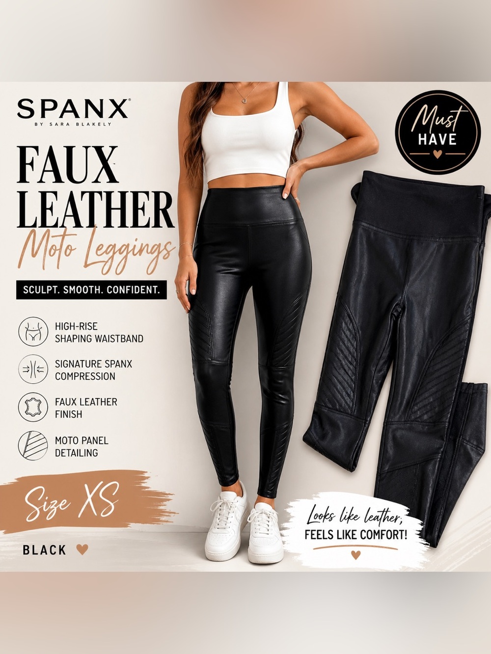 SPANX Faux Leather Moto Leggings Black High Rise XS Sculpting